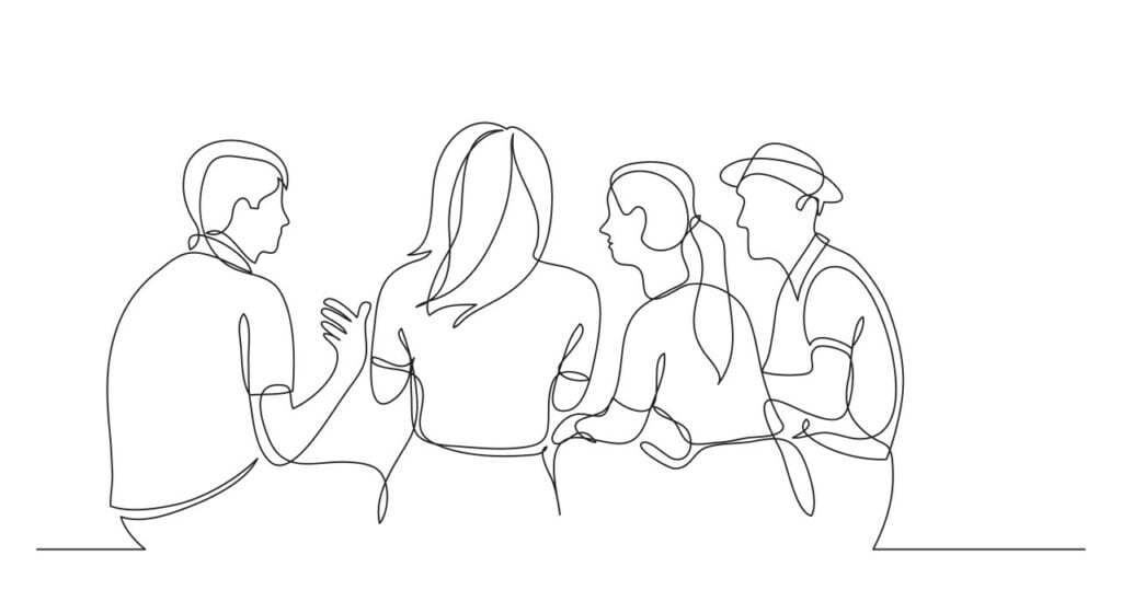 line drawing of people sitting and discussing